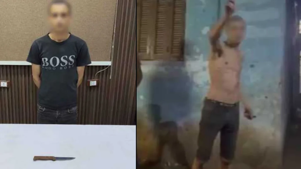 كشف ملابسات قيام شخص عارى الجسد من أعلى بالتلويح بسلاح أبيض بالقليوبية