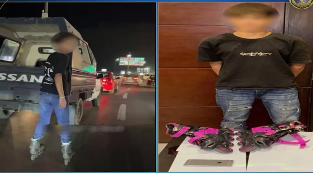 بالفيديو..كشف ملابسات قيام أحد الأشخاص بالامساك بصندوق لسيارة شرطة مرتديا حذاء تزحلق بالإسكندرية