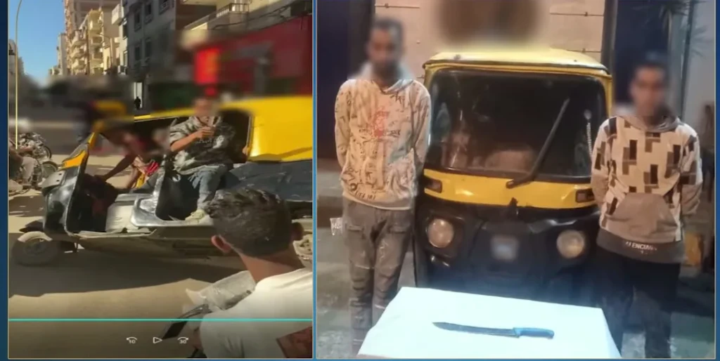 القبض على أحد الأشخاص بالوقوف أعلى مركبة ”توك توك” حال سيرها بالطريق وخروج قائدها منها حاملاً سلاح أبيض معرضين حياتهم والمواطنين للخطر