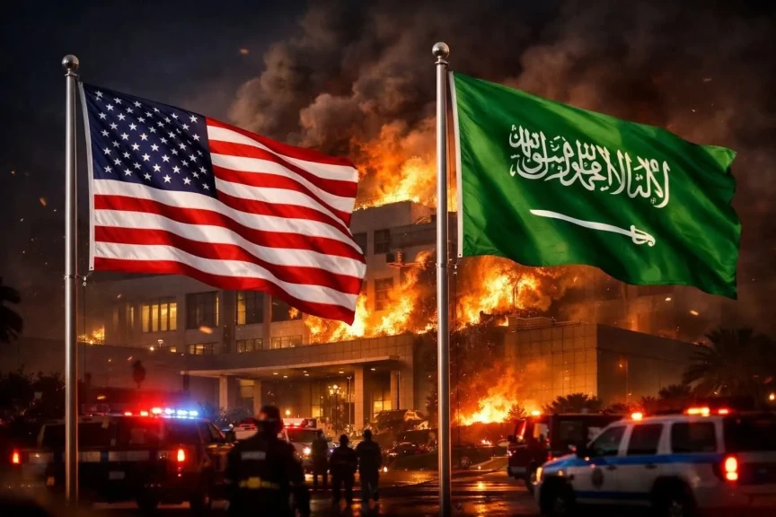 حريـق في السفارة الأمريكية بالعاصمة السعودية الرياض عقب استهدافها  بصاروخ ايراني